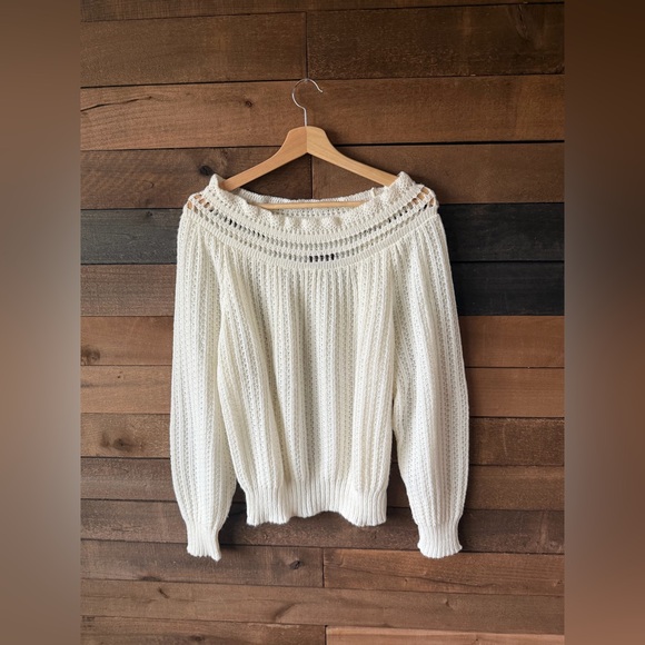 Vintage Cream Off Shoulder Knit Sweater Cottagecore Balloon Sleeve Soft - Picture 10 of 17
